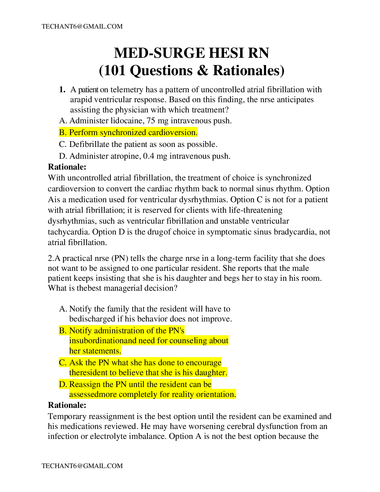 Preview image for MED-SURGE HESI RN (101 Questions & Rationales)